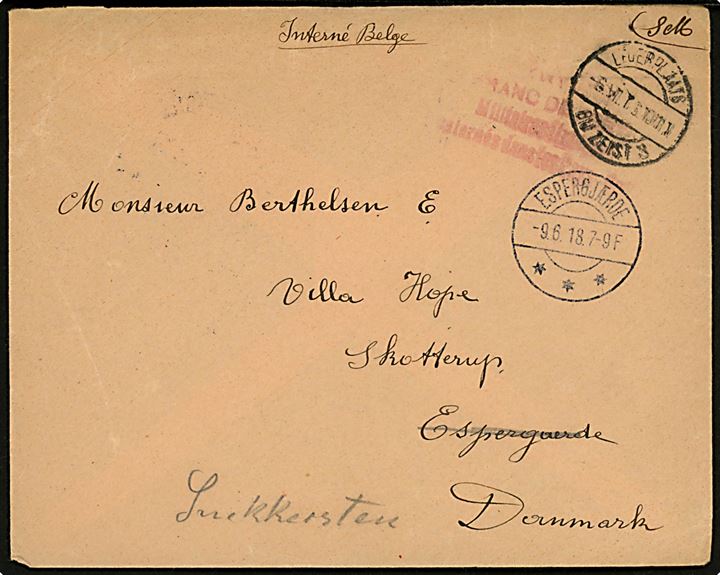 Ufrankeret interneret brev fra belgisk krigsfange i Legerplaats bij Zeist d. 6.6.1918 til Skotterup pr. Espergærde, Danmark - eftersendt til pr. Snekkersten.