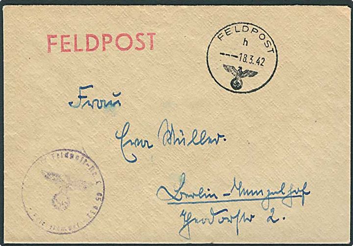Ufrankeret feltpostbrev stemplet Feldpost h d. 18.3.1942 til Berlin, Tyskland. Briefstempel feldpost-nr. L 05932 = Flughafen Stützpunktkommando 8/XI i Knivholt ved Frederikshavn.