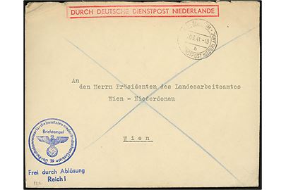 Ufrankeret tjenestebrev mærket Durch Deutsche Dienstpost Niederlande stemplet Arnheim Deutsche Dienstpost Niederlande d. 1x.6.1941 til Wien. Blåt Briefstempel. 