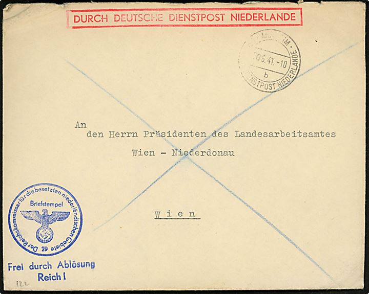 Ufrankeret tjenestebrev mærket Durch Deutsche Dienstpost Niederlande stemplet Arnheim Deutsche Dienstpost Niederlande d. 1x.6.1941 til Wien. Blåt Briefstempel. 