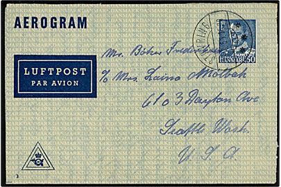 50 øre Fr. IX helsags aerogram (fabr. 3) fra Støvring d. 23.6.1951 til Seattle, USA.