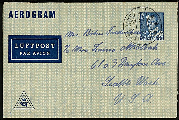 50 øre Fr. IX helsags aerogram (fabr. 3) fra Støvring d. 23.6.1951 til Seattle, USA.