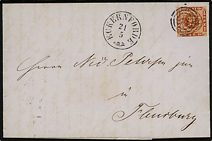 4 sk. 1858 udg. på brev annulleret med nr.stempel 14 og sidestemplet antiqua Eckernførde d. 21.5.1863 via Schleswig til Flensborg.