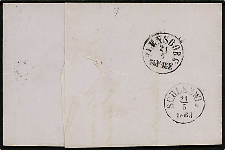 4 sk. 1858 udg. på brev annulleret med nr.stempel 14 og sidestemplet antiqua Eckernførde d. 21.5.1863 via Schleswig til Flensborg.