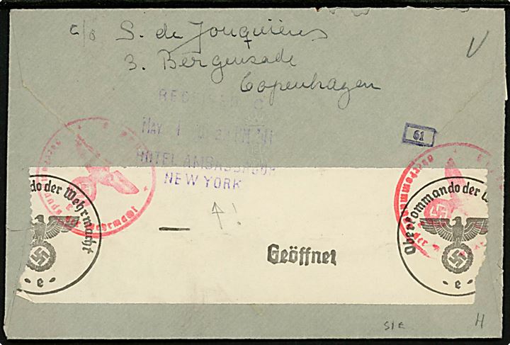 10 øre Bølgelinie og 2 kr. Chr. X på luftpostbrev fra København d. 12.4.1941 til New York, USA. Åbnet af tysk censur i Frankfurt.
