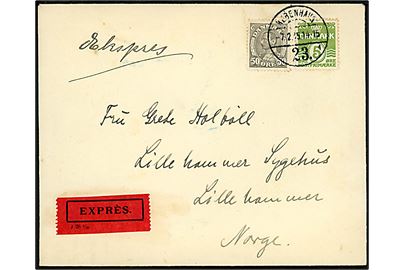 5 øre Bølgelinie og 50 øre Chr. X på ekspresbrev fra København d. 7.2.1935 til Lillehammer, Norge.