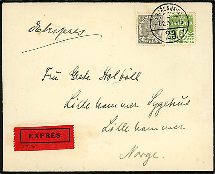 5 øre Bølgelinie og 50 øre Chr. X på ekspresbrev fra København d. 7.2.1935 til Lillehammer, Norge.