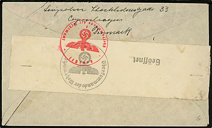 25 øre Karavel og 1 kr. Chr. X på luftpostbrev fra Skodsborg d. 20.9.1941 til Atlantic Highlands, USA. Åbnet af tysk censur i Frankfurt.