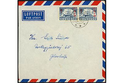 30+10 øre/50 øre Tuberkulosefond provisorium i parstykke på luftpostbrev fra Holsteinsborg d. 27.8.1959 til Glostrup, Danmark. Kuvert afkortet i venstre side.