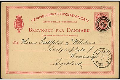 10 øre Våben helsagsbrevkort annulleret med nr.stempel 65 og sidestemplet lapidar Slagelse d. 15.4.1883 til Hamburg, Tyskland.