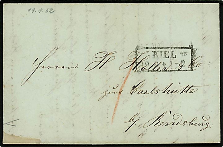 1852. Francobrev med rammestempel Kiel d. 19.9.1852 til Carlhütte bei Rendsburg. 