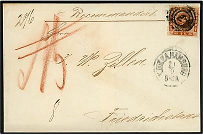 4 sk. stukken kant single på anbefalet brev annulleret med nr.stempel 2 og sidestemplet lapidar K.D.O.P.A. Hamburg d. 21.9.1863 til Friedrichstadt.