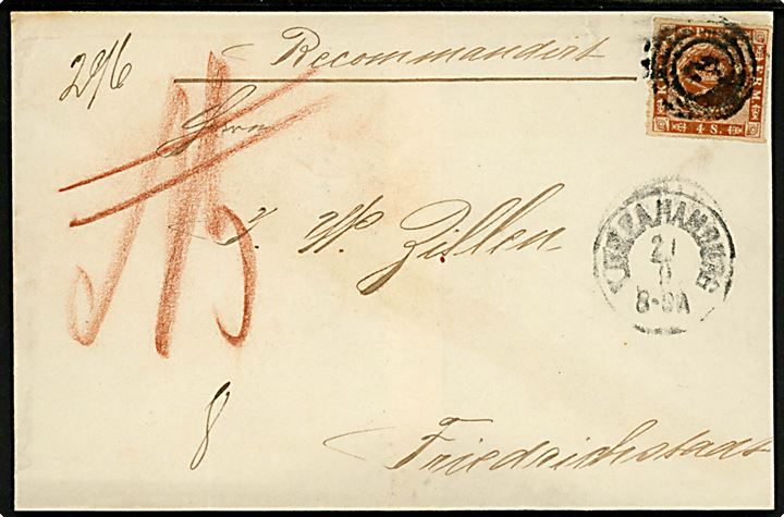 4 sk. stukken kant single på anbefalet brev annulleret med nr.stempel 2 og sidestemplet lapidar K.D.O.P.A. Hamburg d. 21.9.1863 til Friedrichstadt.