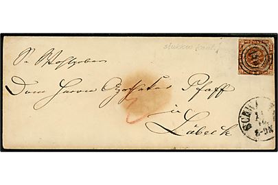 4 sk. stukken kant (klippet) på brev annulleret med nr.stempel 145 og sidestemplet antiqua Schwartau d. 21.10.1863 til Lübeck. På bagsiden ank.stemplet K.D.O.P. d. 22.10.1863.