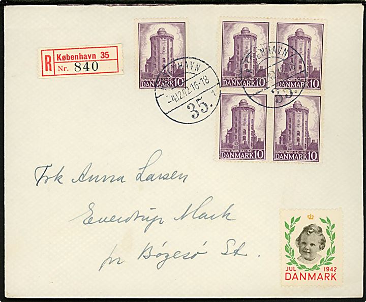10 øre Rundetårn i single og fireblok på anbefalet brev fra København 35 d. 4.12.1942 til Bøgesø St.