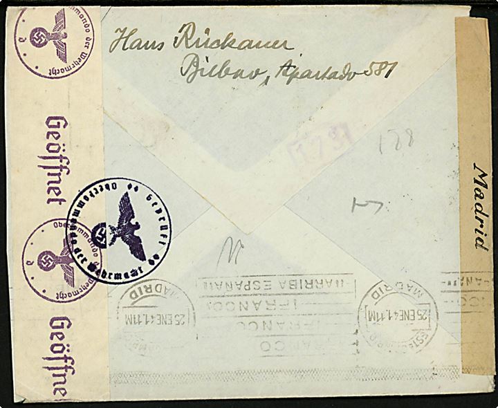10 cts. Rytter (par) og 25 cts. Franco (par) på brev fra Madrid d. 23.1.1941 til Jössnitz, Tyskland. Åbnet af spansk censur i Madrid og tysk censur i München. 