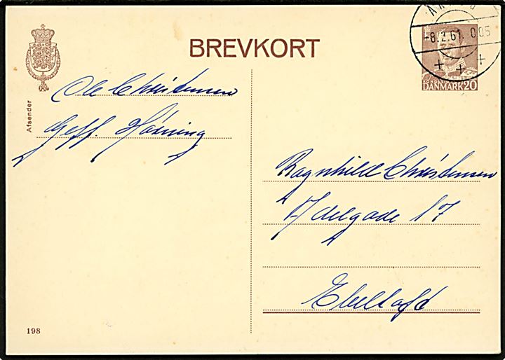 20 øre Fr. IX helsagsbrevkort (fabr. 198) annulleret med brotype IId Århus +++ d. 8.2.1961 til Ebeltoft.