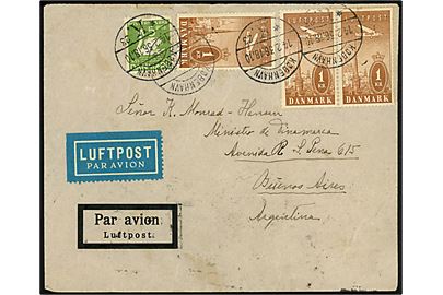 5 øre H. C. Andersen og 1 kr. Luftpost (3) på 305 øre frankeret luftpostbrev fra København d. 14.2.1936 via Paris til Buenos Aires, Argentina. Et mærke med fold.