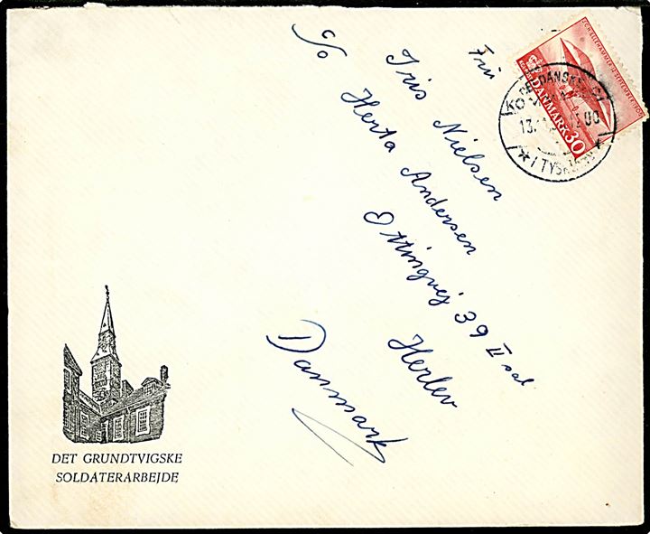 30 øre Ellehammer på fortrykt kuvert fra det grundtvigske soldaterarbejde sendt fra soldat ved Famb (Feldambulance) annulleret Det danske Kommando / * i Tyskland * d. 13.12.1957 til Herlev. Fuldt indhold.