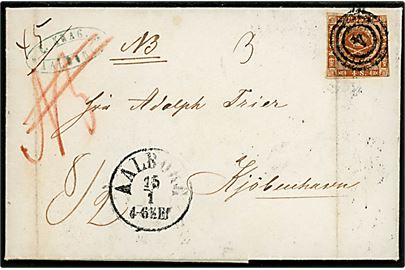 4 sk. 1858 udg. (tæt klippet) single på anbefalet brev mærket NB annulleret med nr.stempel 4 og sidestemplet antiqua Aalborg d. 15.1.1853 til Kjøbenhavn. Fold ved mærke. 