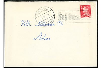 50 øre Fr. IX på brev annulleret med islandsk skibsstempel Frá Danmörku og sidestemplet Reykjavik d. 25.4.1966 til Aarhus, Danmark.