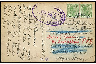 5 øre Chr. X i parstykke på brevkort fra Kjøbenhavn d. 26.12.1917 til danske konsulat i Buenos Aires, Argentina. Eftersendt med ovalt stempel fra konsulatet d. 4.3.1918.