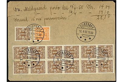 10 øre og 1 kr. (14) Portomærke på provisorisk debet seddel stemplet Silkeborg d. 16.4.1958.