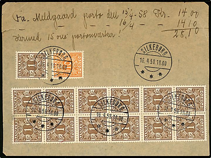 10 øre og 1 kr. (14) Portomærke på provisorisk debet seddel stemplet Silkeborg d. 16.4.1958.