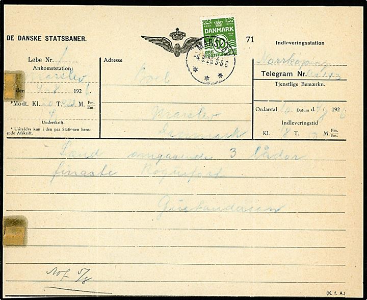 De Danske Statsbaner telegramformular med meddelelse fra Norrköping i Sverige frankeret med 10 øre Bølgelinie og sendt lokalt i Marslev d. 4.8.1926. Tape skjolder i venstre side. 