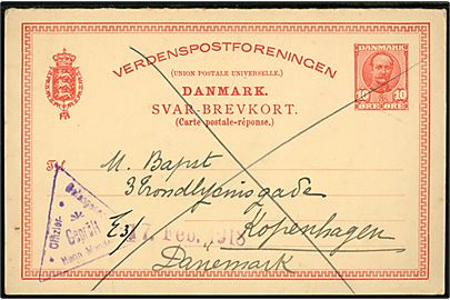 10 øre Fr. VIII svardel af dobbelt helsagsbrevkort anvendt som krigsfangekort fra fransk krigsfange i Tyskland d. 16.2.1918 til København, Danmark. 3-kantet lejrcensur stempel.