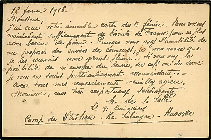 10 øre Fr. VIII svardel af dobbelt helsagsbrevkort anvendt som krigsfangekort fra fransk krigsfange i Tyskland d. 16.2.1918 til København, Danmark. 3-kantet lejrcensur stempel.