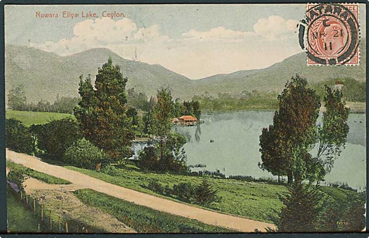 Ceylon. Eliya Lake. Sendt fra Matara d. 21.3.1911. Frimærker fjernet fra bagsiden.
