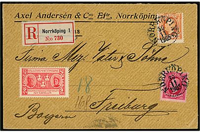 10 öre og 25 öre Oscar II på anbefalet brev med Julemærke 1905 fra Norrköping d. 30.11.1905 til Freiburg, Bayern, Tyskland.
