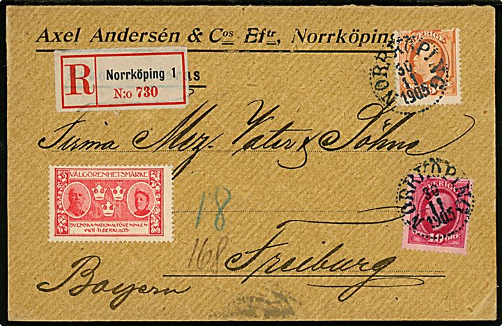 10 öre og 25 öre Oscar II på anbefalet brev med Julemærke 1905 fra Norrköping d. 30.11.1905 til Freiburg, Bayern, Tyskland.