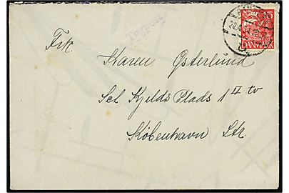 15 øre Karavel på brev fra Vivild  Djursland annulleret Randers B. d. 22.4.1934 og sidestemplet violet Togpost til København. Togpost stempel er ikke tidligere registreret anvendt ved Randers B. (jf. Bendix)