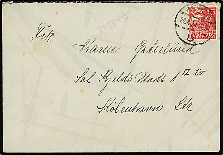 15 øre Karavel på brev fra Vivild  Djursland annulleret Randers B. d. 22.4.1934 og sidestemplet violet Togpost til København. Togpost stempel er ikke tidligere registreret anvendt ved Randers B. (jf. Bendix)