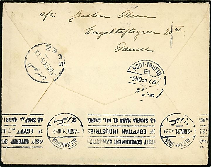 15 øre Karavel på brev fra Odense d. 23.10.1931 til sømand ombord på M/S Siam via rederiet Østasiatisk Kompagni i København - eftersendt til Suez, Egypten med violet portostempel T.10 c..