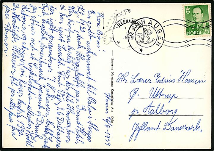 25 øre Olav på brevkort (Hamar, Østre Torv med biler og rutebiler) annulleret Lillehammer d. 17.8.1959 og sidestemplet med kronet posthornstempel MAIHAUGEN til Ø. Uttrup pr. Aalborg.