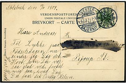 5 øre Fr. VIII på brevkort dateret Æblebæk annulleret med stjernestempel VESTER-AABY og sidestemplet Vester-Skjerninge d. 12.11.1909 til Pejrup St. Del af adresse oversværtet.