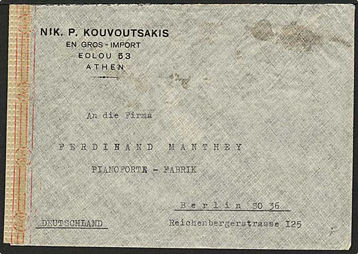 25.000 d. i 4-stribe på bagsiden af luftpostbrev fra Athen d. 7.7.1944 til Berlin, Tyskland. Åbnet af tysk censur i Wien.