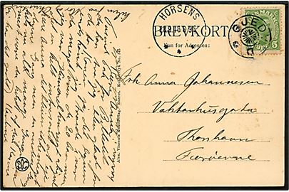 5 øre Chr. X på brevkort annulleret med stjernestempel GJEDVED og sidestemplet Horsens d. 28.9.1916 til Thorshavn på Færøerne. Uden ank.stempel.