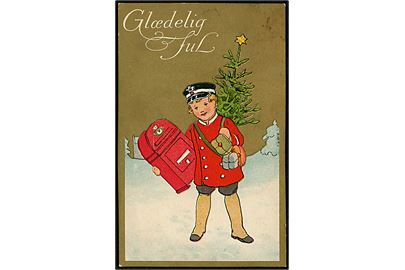 Barne-Postbud med juletræ, gaver og postkasse. Julekort. A. Vincent serie 25/2.