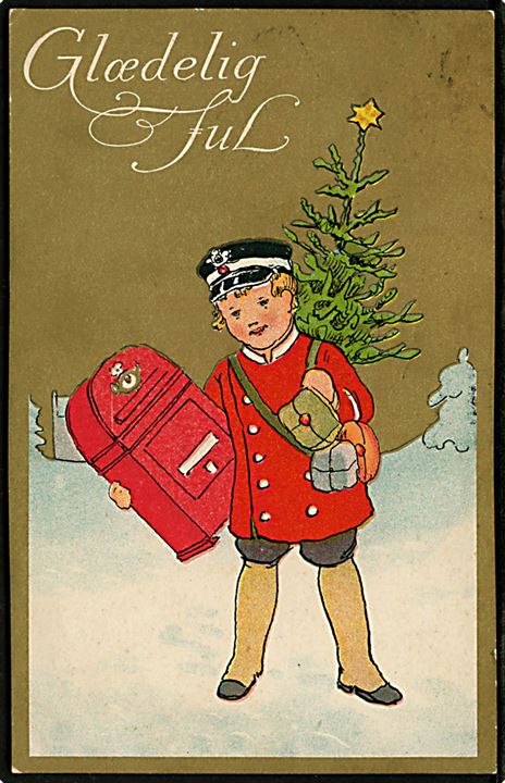 Barne-Postbud med juletræ, gaver og postkasse. Julekort. A. Vincent serie 25/2.
