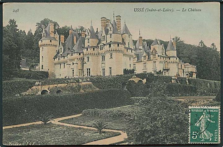 Slottet Ussé i Loire, Frankrig. Sendt som tryksag fra Chinon d. 5.5.1909 til Aarhus, Danmark.