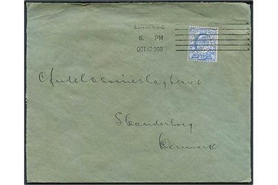 Engelsk 2½d Edward VII med dansk relateret perfin D.B.Co. (= Danish Bacon Company) på brev stemplet London d. 12.10.1909 til Andelsslagteriet i Skanderborg, Danmark. Åbnet 3 sider.