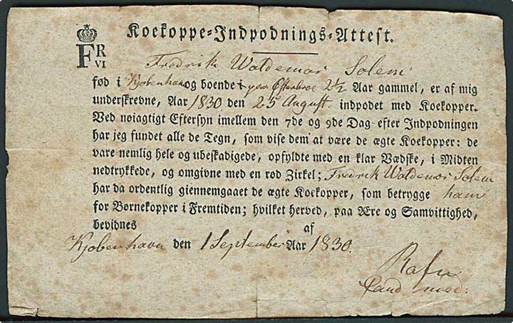 Koekoppe=Indpodnings=Attest udstedt i Kjøbenhavn d. 1.9.1830.