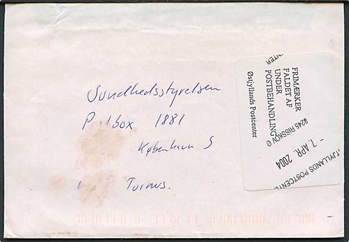 Ufrankeret brev fra Århus med mærkat Frimærke faldet af under postbehandling / Østjyllands Postcenster stemplet Østjyllands Postcenster 8245 Risskov Ø d. 7.4.2004 til København. Bagklap mangler.