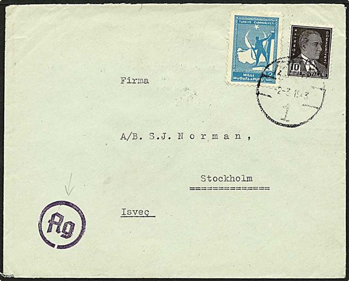 12 kurus på brev fra Izmir, Tyrkiet, d. 2.3.1943 til Stockholm, Sverige. Tysk censur.