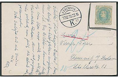 25 øre Chr. X 60 år på markeret ugyldig på brevkort fra København d. 17.12.1930 til Chemnitz, Tyskland. Udtakseret i 25 pfg. tysk porto.
