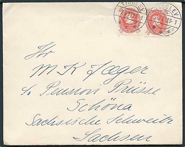 15 øre Chr. X 60 år i parstykke på brev annulleret med broytpe IIc Tinglev sn2 d. 7.8.1931 til Schöna, Tyskland.
